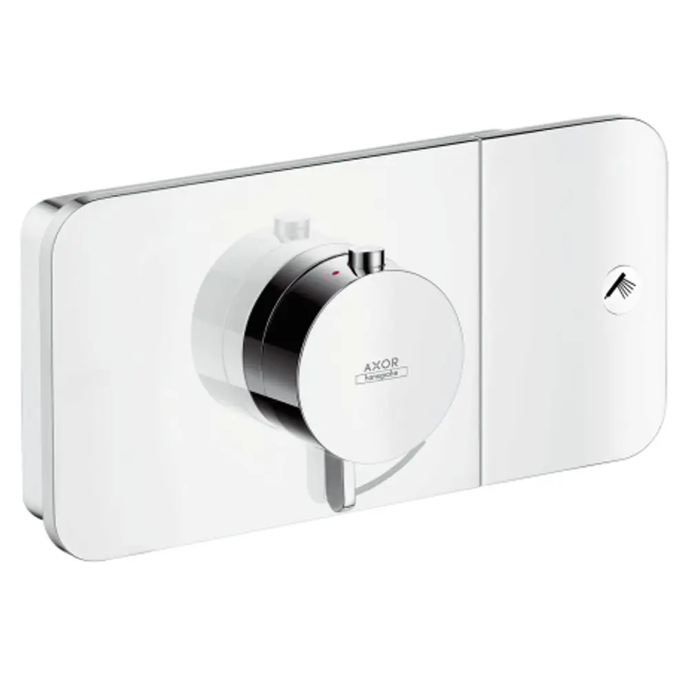 Thermostatmodul von AXOR in Chromoptik, geeignet für Unterputzinstallation, mit einem runden Drehregler zur Temperatureinstellung und einem Wasserhahn-Symbol für die Anwendung.